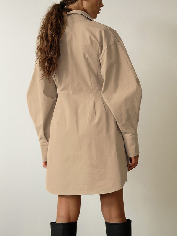 BEIGE OVERSIZED SHIRT DRESS WITH LAPEL NECKLINE AND LOOSE FIT