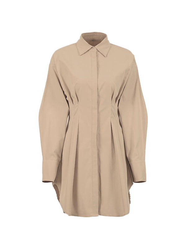 BEIGE OVERSIZED SHIRT DRESS WITH LAPEL NECKLINE AND LOOSE FIT