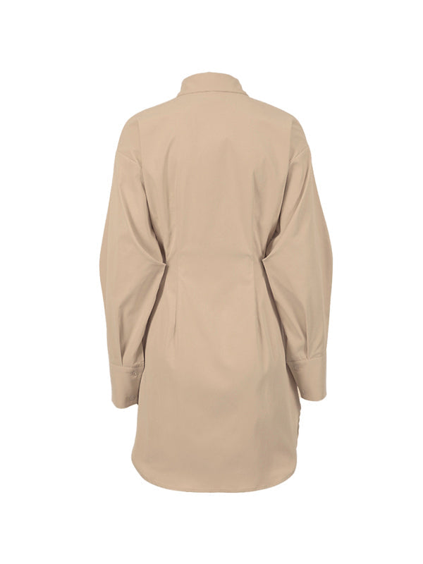 BEIGE OVERSIZED SHIRT DRESS WITH LAPEL NECKLINE AND LOOSE FIT