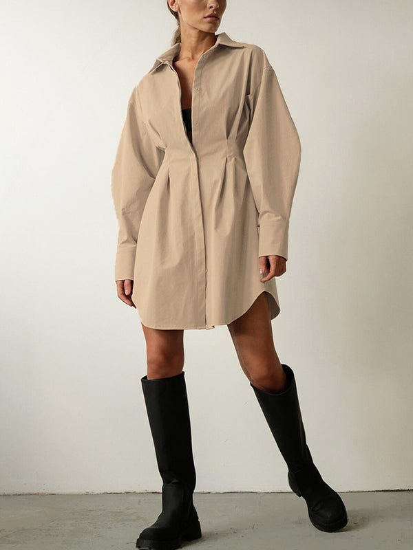 BEIGE OVERSIZED SHIRT DRESS WITH LAPEL NECKLINE AND LOOSE FIT