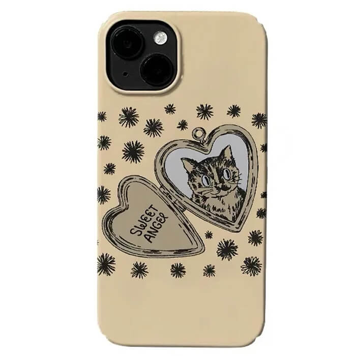 BEIGE PHONE CASE CAT HEART LOCKET