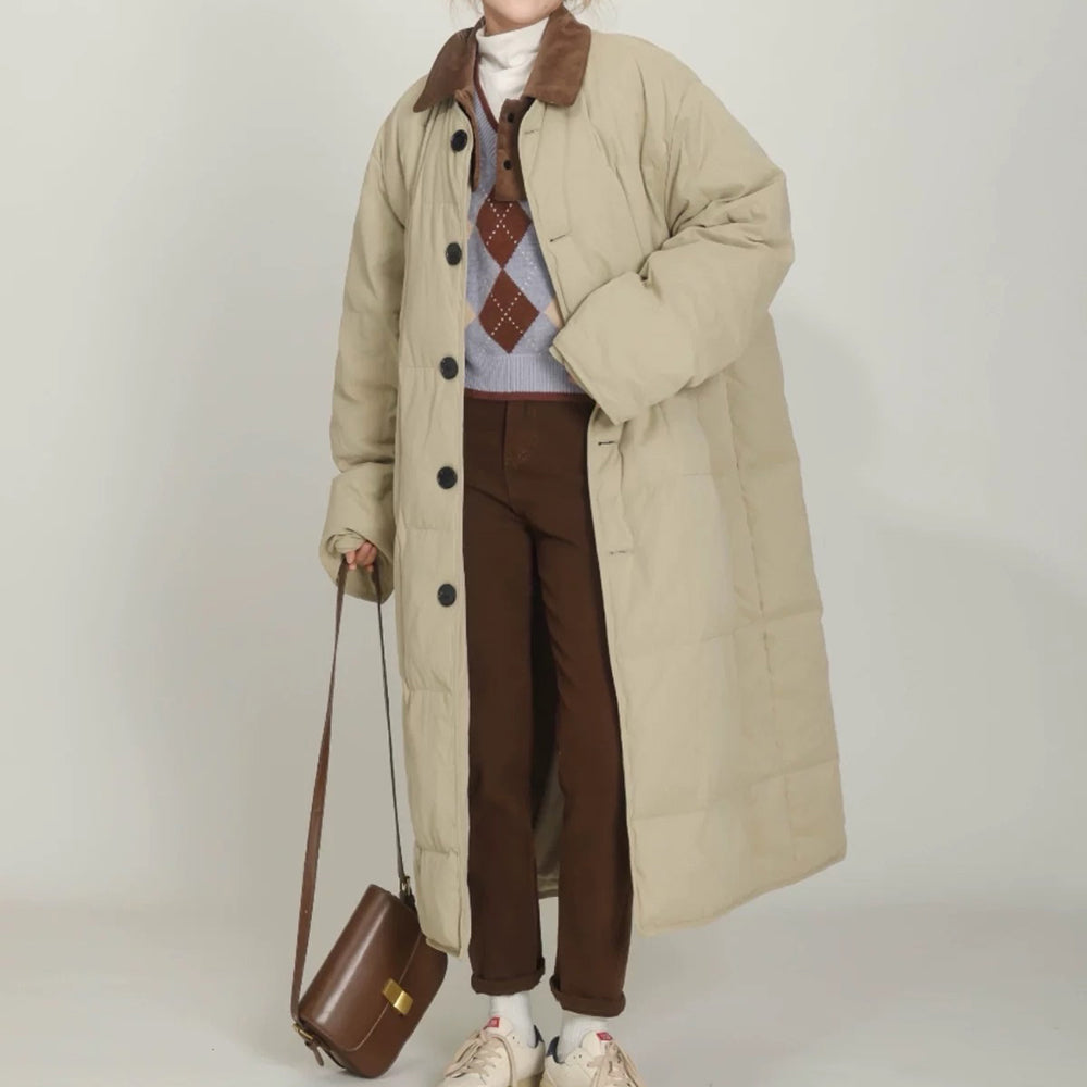 BEIGE QUILTED OVERCOAT: PREPPY STYLE QUILTED COAT