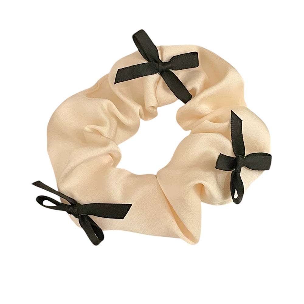 BEIGE SCRUNCHIE WITH BLACK BOWS SATIN KOREAN STYLE BOWS