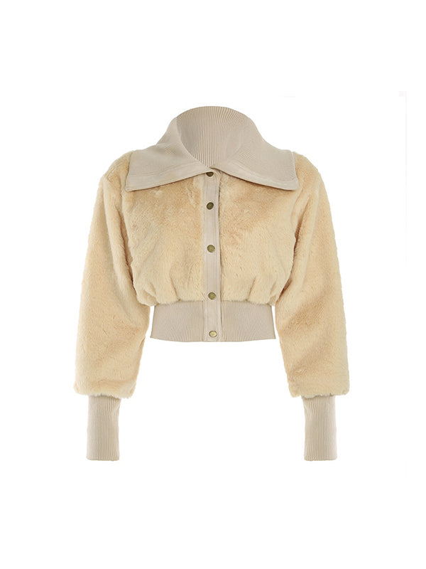 BEIGE SHEARLING BOMBER JACKET SOLID COLOR PLUSH RETRO 90S STYLE