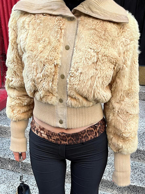 BEIGE SHEARLING BOMBER JACKET SOLID COLOR PLUSH RETRO 90S STYLE