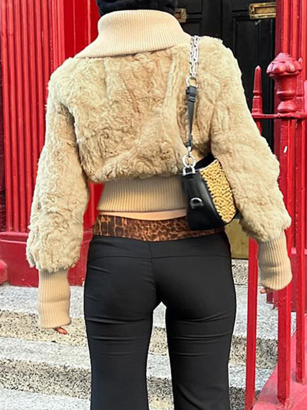 BEIGE SHEARLING BOMBER JACKET SOLID COLOR PLUSH RETRO 90S STYLE