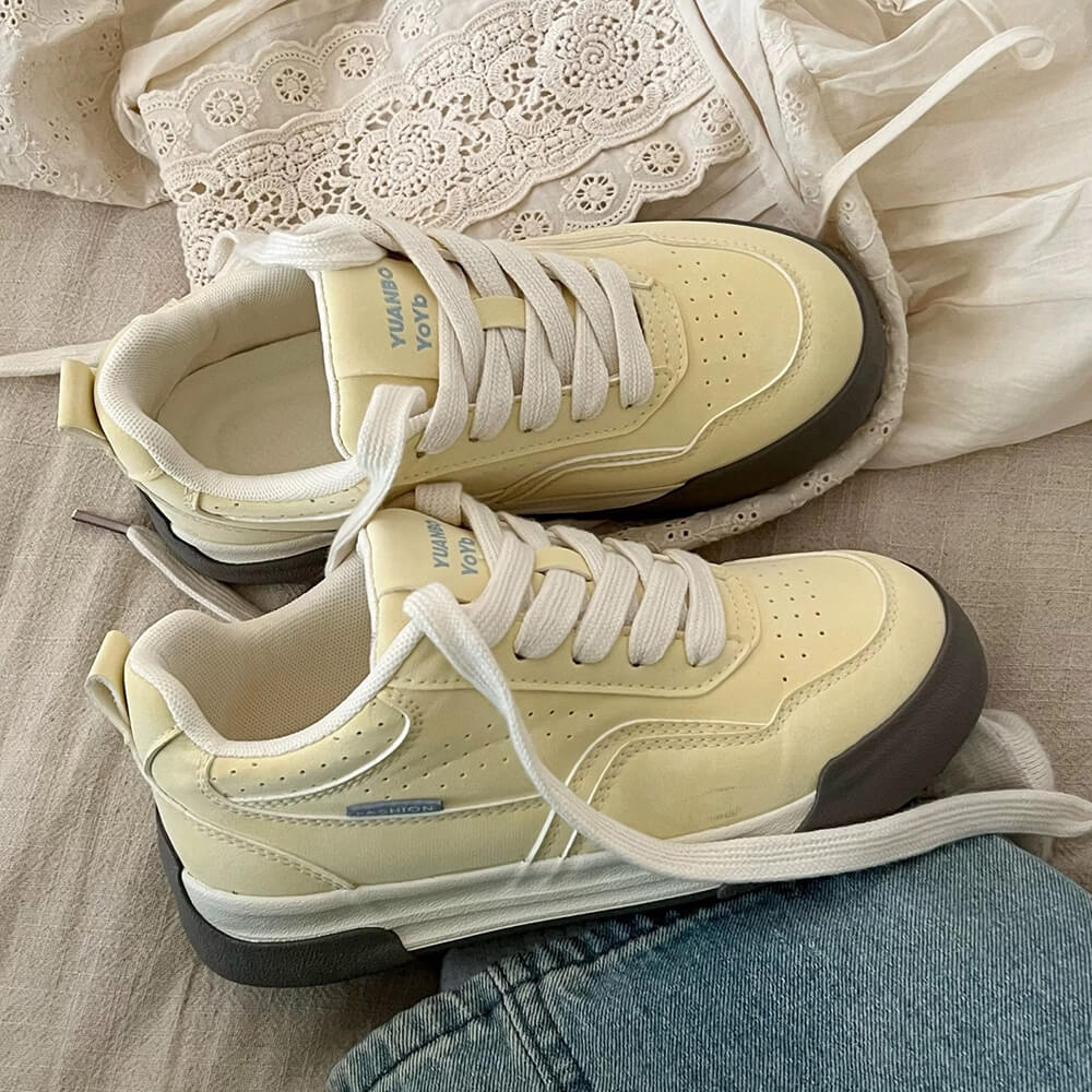 BEIGE SNEAKERS - PASTEL SERENITY AND YELLOW AESTHETIC SNEAKERS PAIR