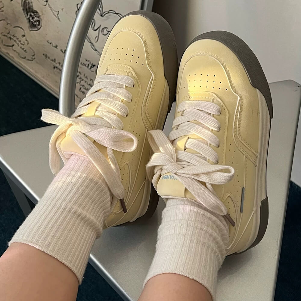 BEIGE SNEAKERS - PASTEL SERENITY AND YELLOW AESTHETIC SNEAKERS PAIR