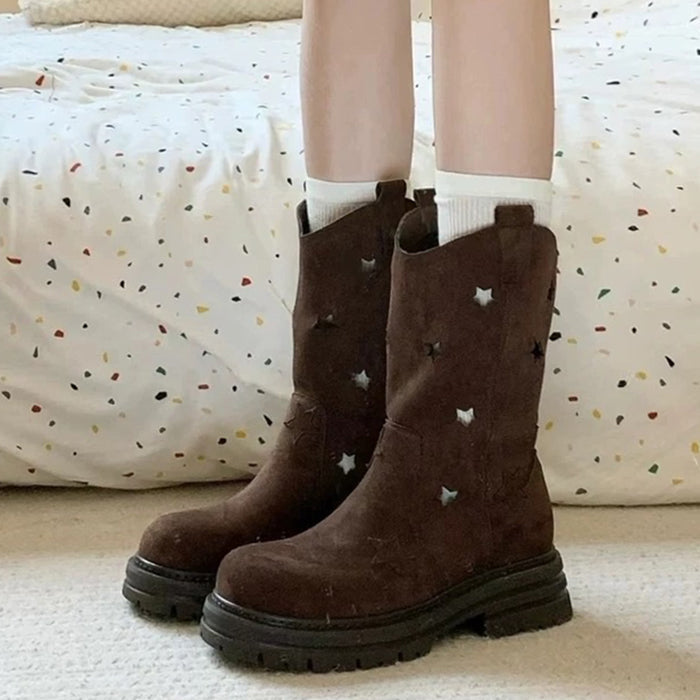 BEIGE STAR FAUX SUEDE COWBOY BOOTS