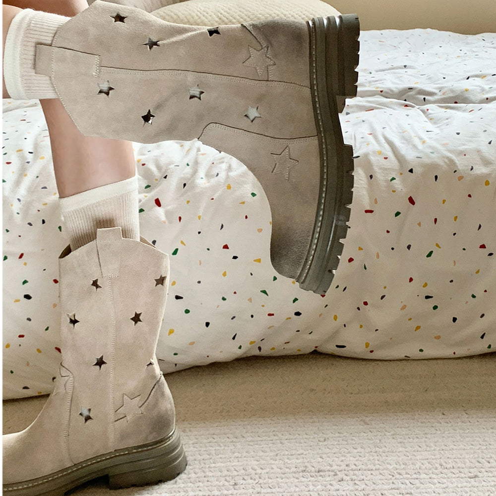 BEIGE STAR FAUX SUEDE COWBOY BOOTS