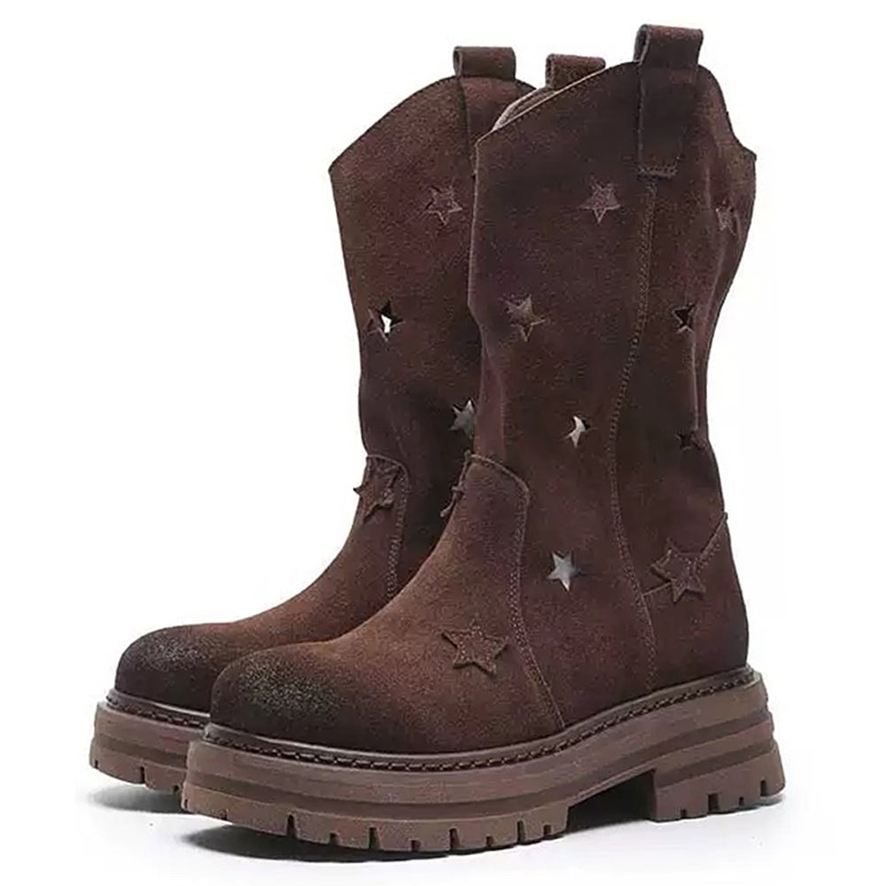 BEIGE STAR FAUX SUEDE COWBOY BOOTS