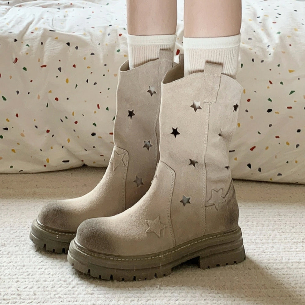 BEIGE STAR FAUX SUEDE COWBOY BOOTS