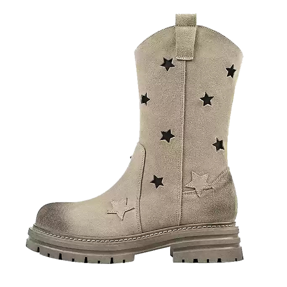 BEIGE STAR FAUX SUEDE COWBOY BOOTS