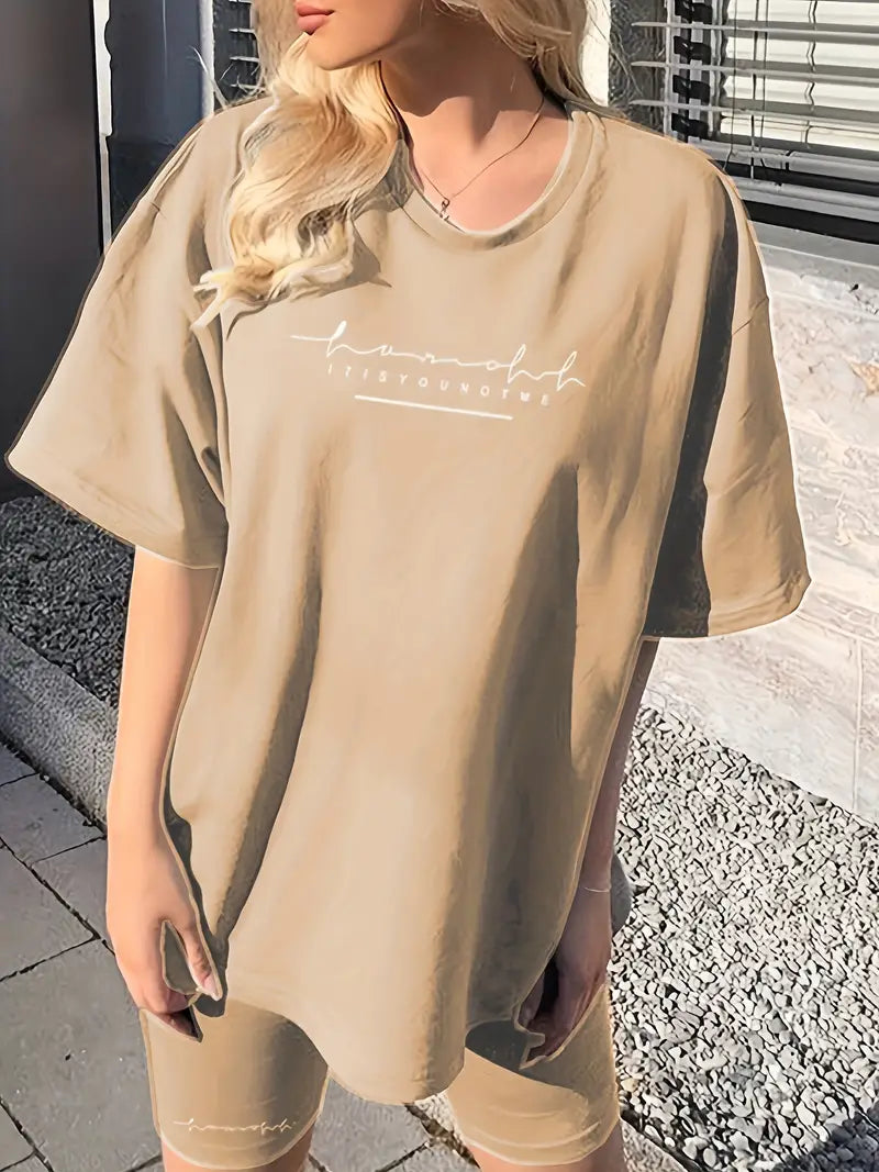 BEIGE T-SHIRT AND BIKER SHORTS SET RETRO SPORT LETTER PRINT