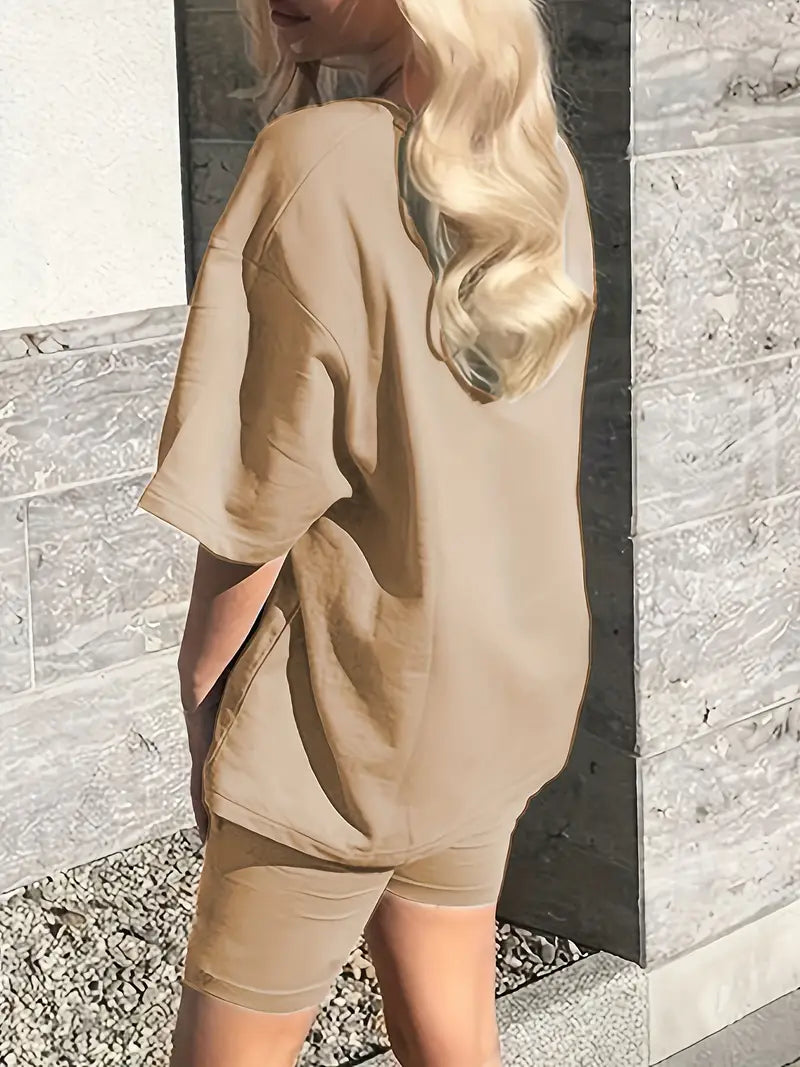 BEIGE T-SHIRT AND BIKER SHORTS SET RETRO SPORT LETTER PRINT