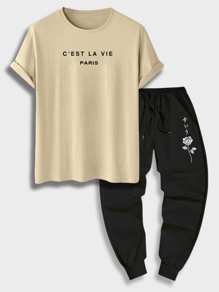 BEIGE T-SHIRT AND BLACK SWEATPANTS