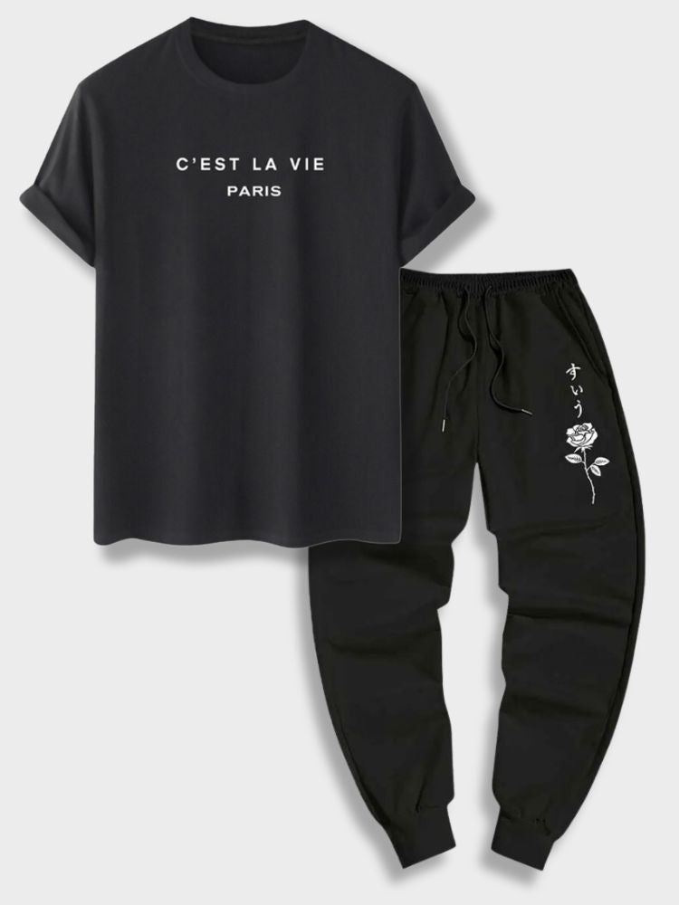 BEIGE T-SHIRT AND BLACK SWEATPANTS