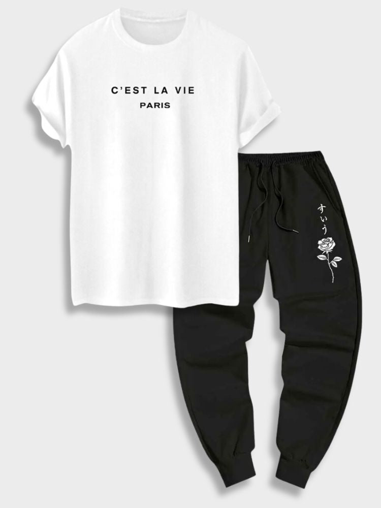 BEIGE T-SHIRT AND BLACK SWEATPANTS