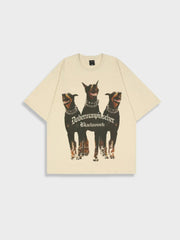 BEIGE T-SHIRT WITH THREE DOGS - STYLISH DOBERMAN TEE