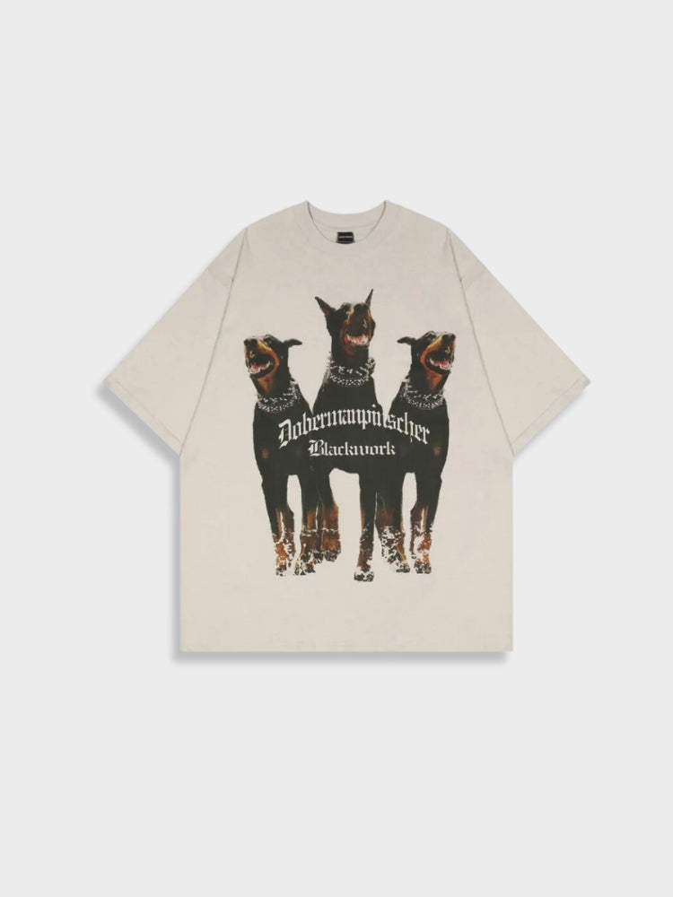 BEIGE T-SHIRT WITH THREE DOGS - STYLISH DOBERMAN TEE