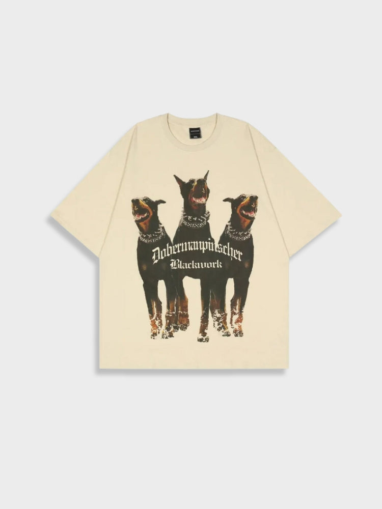 BEIGE T-SHIRT WITH THREE DOGS - STYLISH DOBERMAN TEE