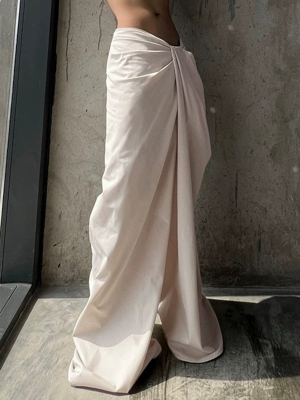 BEIGE TWISTED-WAIST PANTS WITH CROSSOVER WAISTBAND AND WIDE FIT
