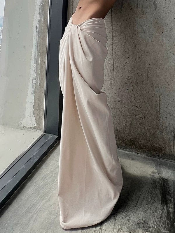 BEIGE TWISTED-WAIST PANTS WITH CROSSOVER WAISTBAND AND WIDE FIT