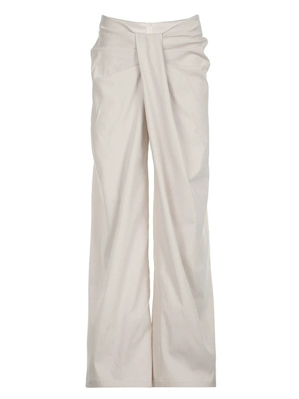 BEIGE TWISTED-WAIST PANTS WITH CROSSOVER WAISTBAND AND WIDE FIT