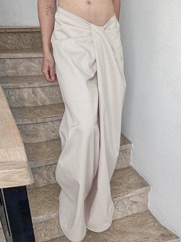 BEIGE TWISTED-WAIST PANTS WITH CROSSOVER WAISTBAND AND WIDE FIT