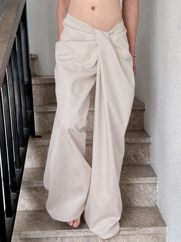 BEIGE TWISTED-WAIST PANTS WITH CROSSOVER WAISTBAND AND WIDE FIT