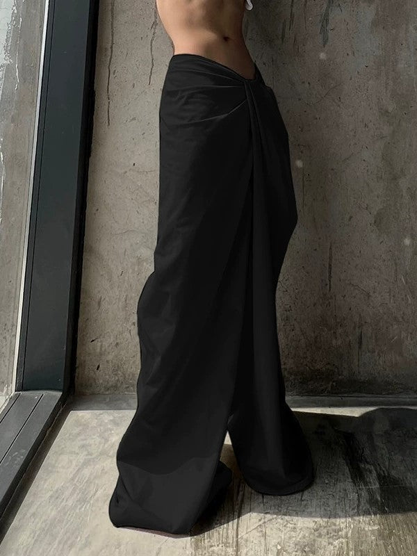 BEIGE TWISTED-WAIST PANTS WITH CROSSOVER WAISTBAND AND WIDE FIT