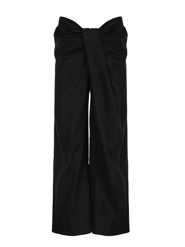 BEIGE TWISTED-WAIST PANTS WITH CROSSOVER WAISTBAND AND WIDE FIT