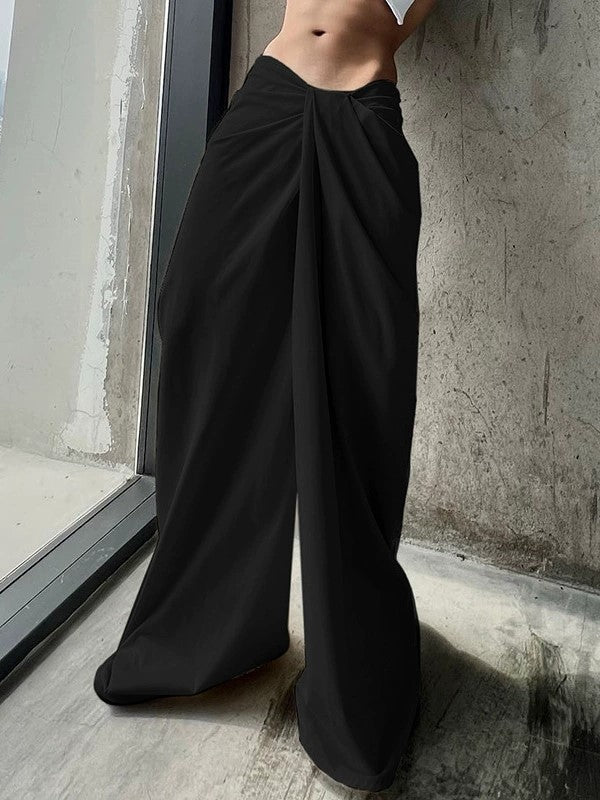 BEIGE TWISTED-WAIST PANTS WITH CROSSOVER WAISTBAND AND WIDE FIT