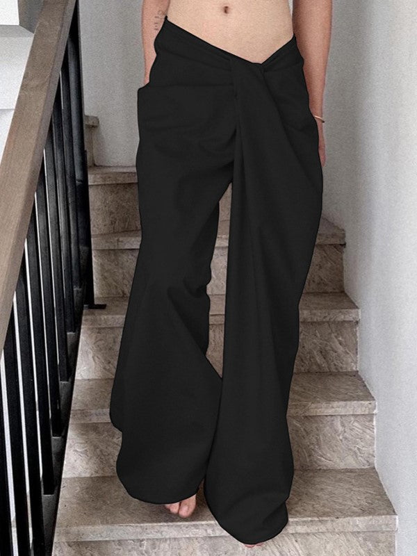 BEIGE TWISTED-WAIST PANTS WITH CROSSOVER WAISTBAND AND WIDE FIT