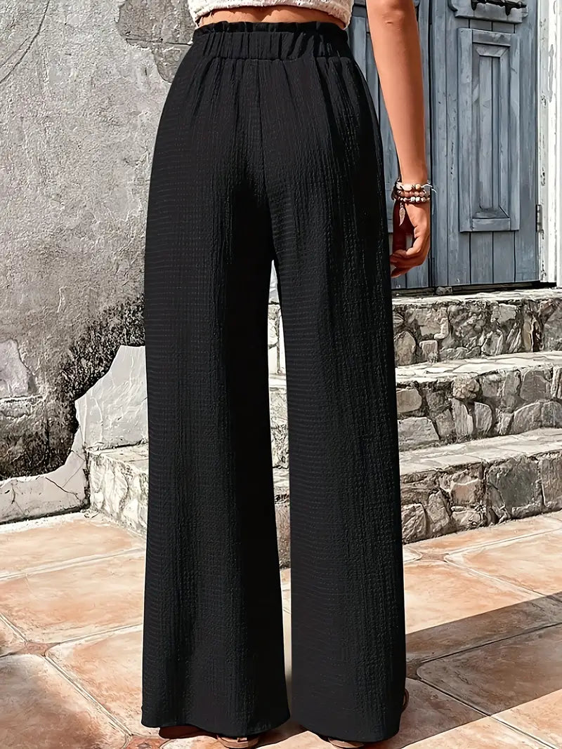 BEIGE WIDE-LEG DRAWSTRING PANTS SOLID COLOR CASUAL ATTIRE