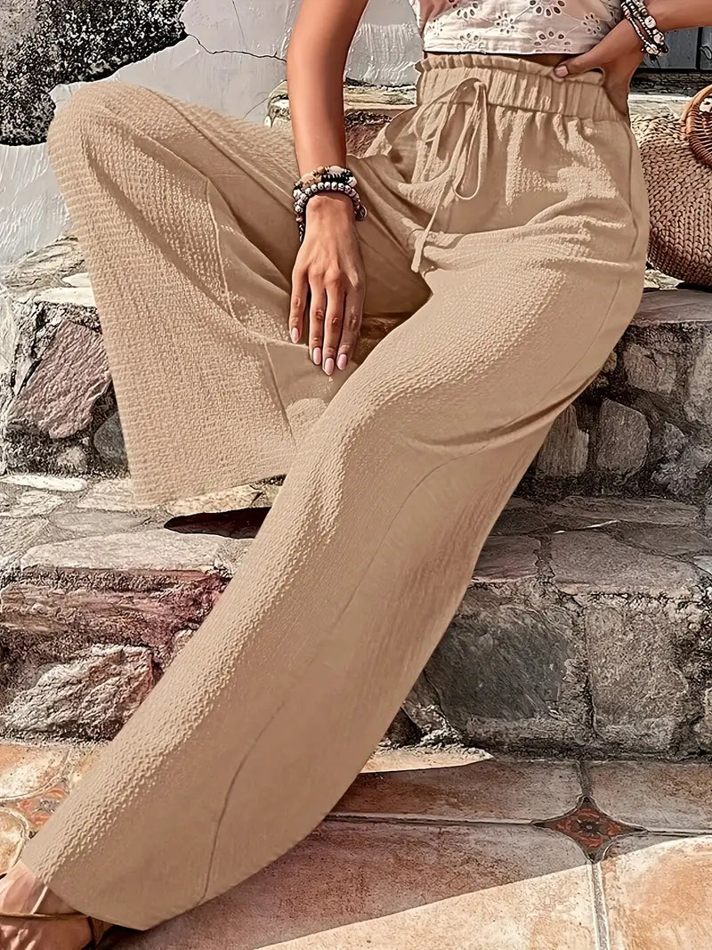 BEIGE WIDE-LEG DRAWSTRING PANTS SOLID COLOR CASUAL ATTIRE