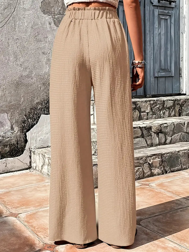 BEIGE WIDE-LEG DRAWSTRING PANTS SOLID COLOR CASUAL ATTIRE