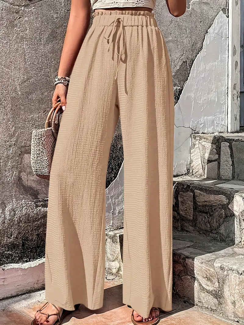 BEIGE WIDE-LEG DRAWSTRING PANTS SOLID COLOR CASUAL ATTIRE