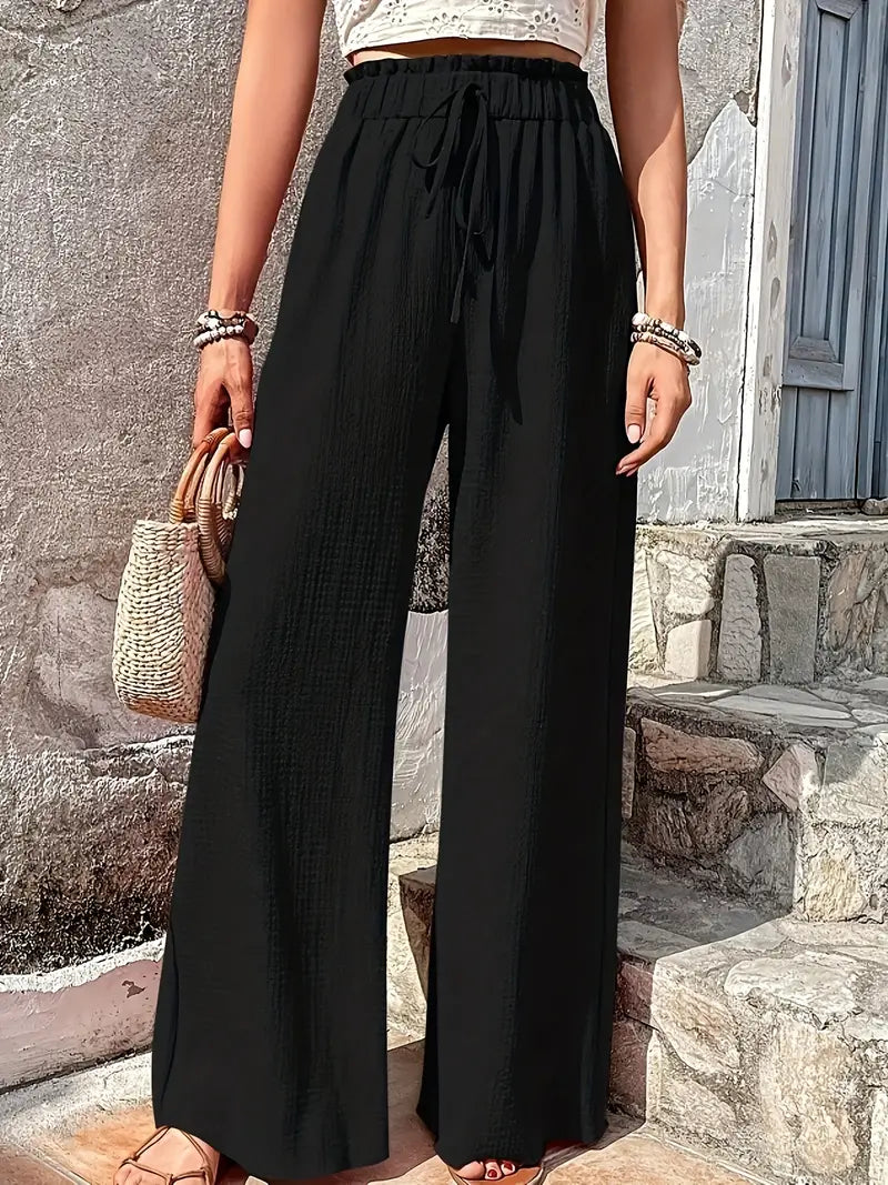 BEIGE WIDE-LEG DRAWSTRING PANTS SOLID COLOR CASUAL ATTIRE