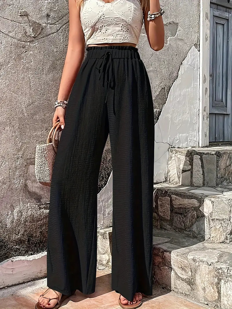 BEIGE WIDE-LEG DRAWSTRING PANTS SOLID COLOR CASUAL ATTIRE