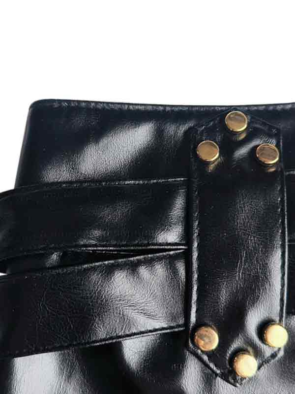 BELTED BLACK LEATHER SHORTS FOR CASUAL STREET PUNK STYLE