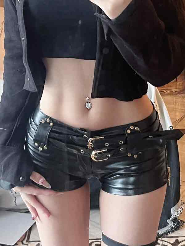 BELTED BLACK LEATHER SHORTS FOR CASUAL STREET PUNK STYLE