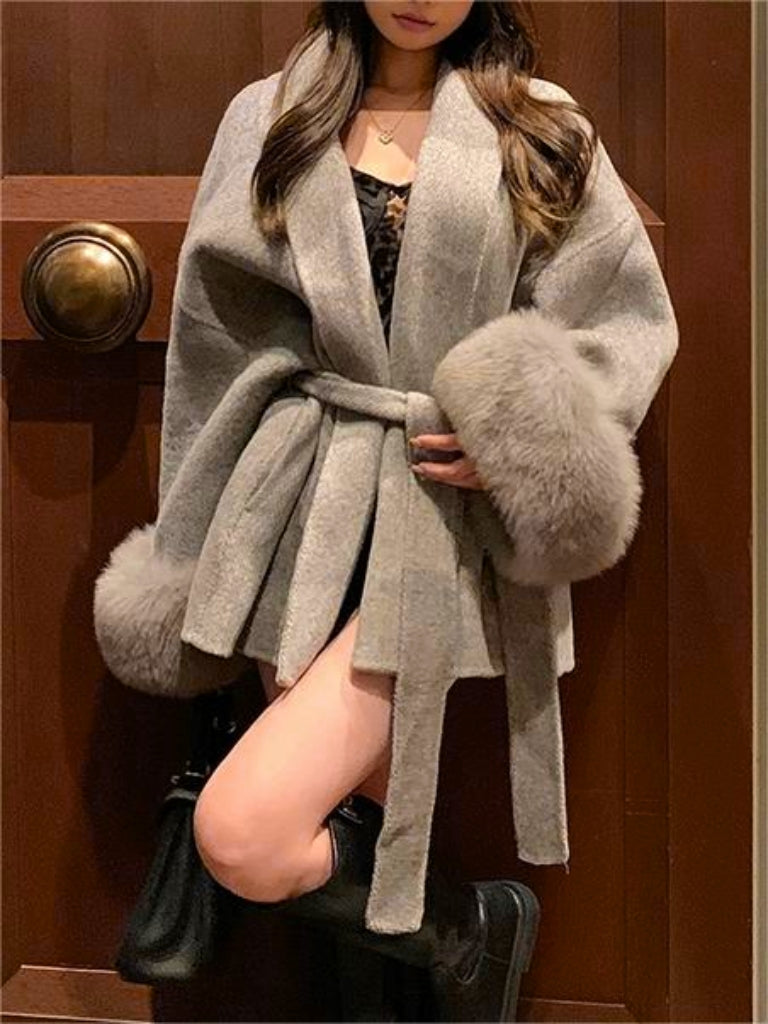 BELTED COAT WITH FAUX FUR CUFFS - SOLID COLOR BELTED STYLE