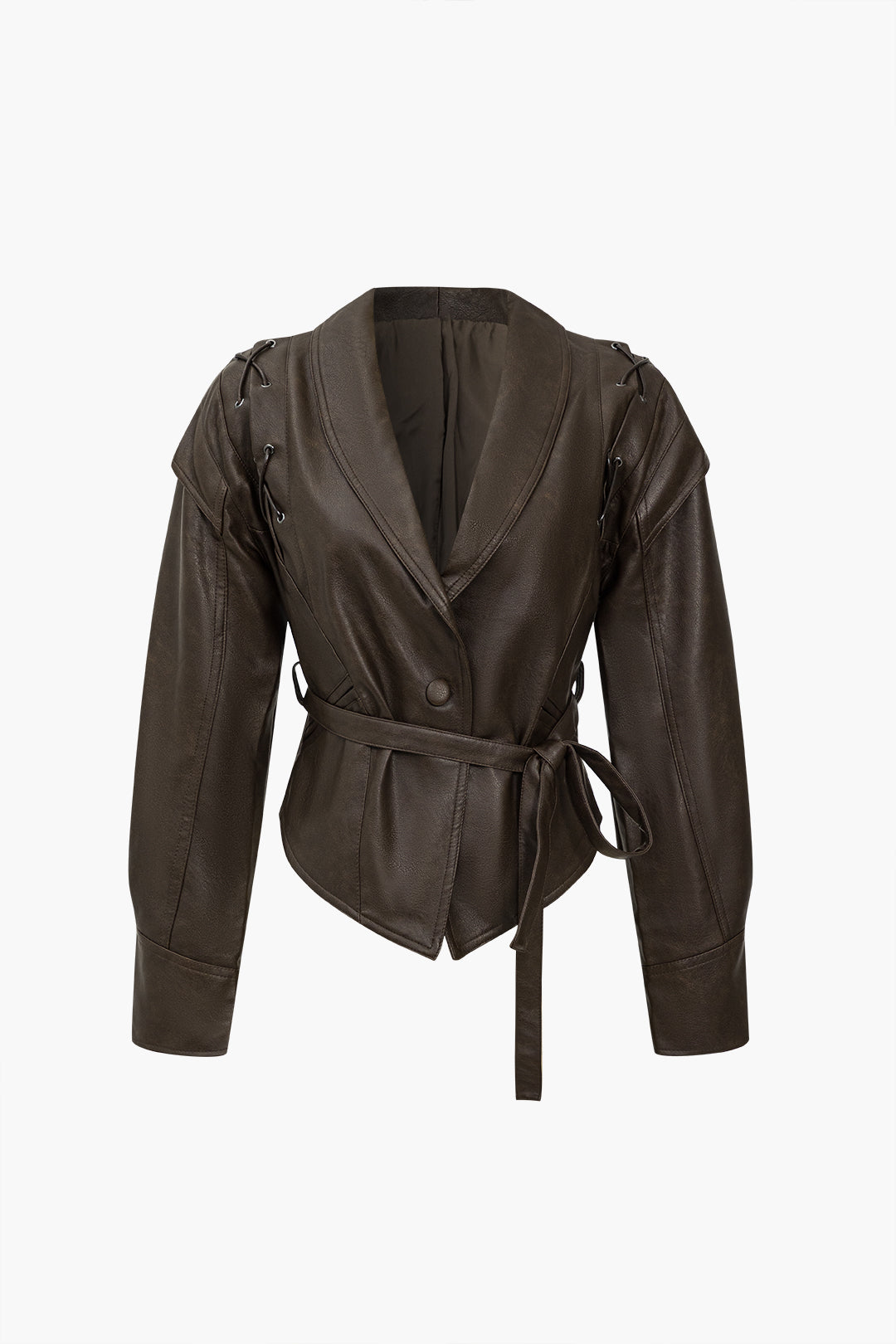 BELTED JACKET RETRO COFFEE FAUX LEATHER