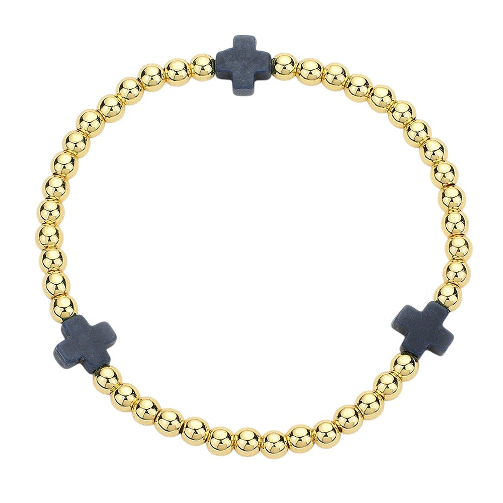 Cross Pointed Stainless Steel Ball Beaded Stretch Bracelet