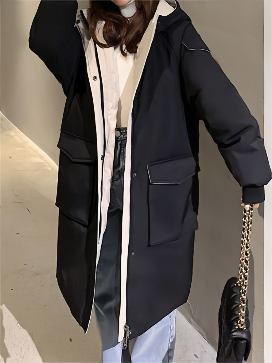 BLACK AND BEIGE HOODED WINTER COAT CASUAL VINTAGE HOODIE
