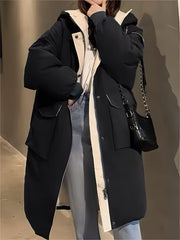 BLACK AND BEIGE HOODED WINTER COAT CASUAL VINTAGE HOODIE