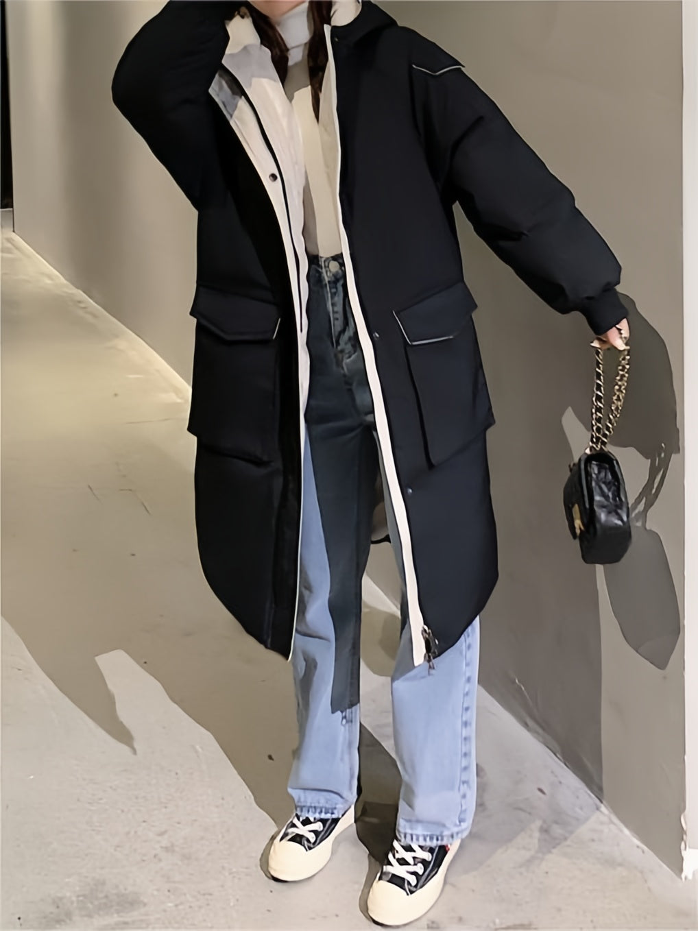 BLACK AND BEIGE HOODED WINTER COAT CASUAL VINTAGE HOODIE