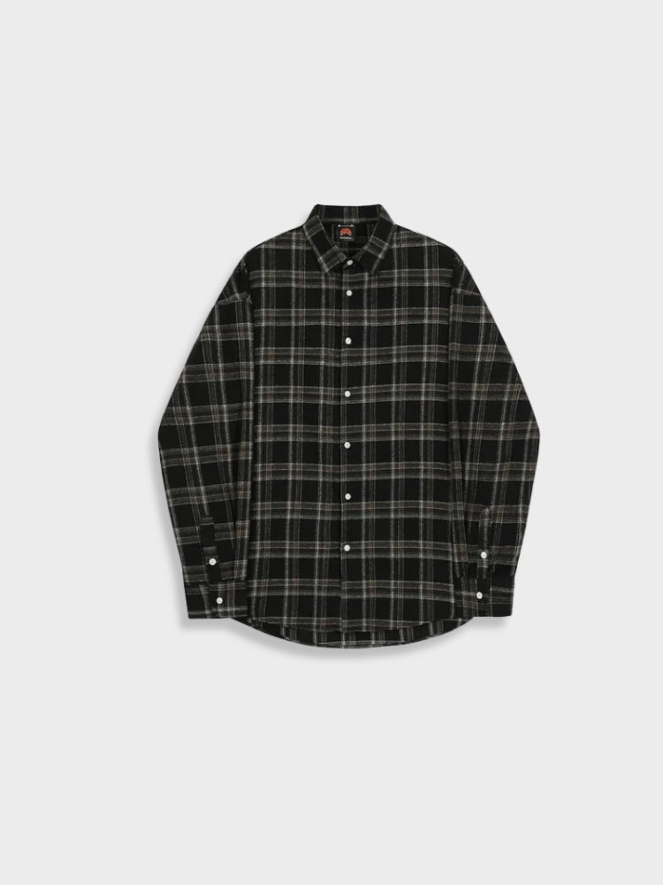 BLACK AND GRAY PLAID BUTTON-DOWN SHIRT CASUAL BLACK BLOUSE