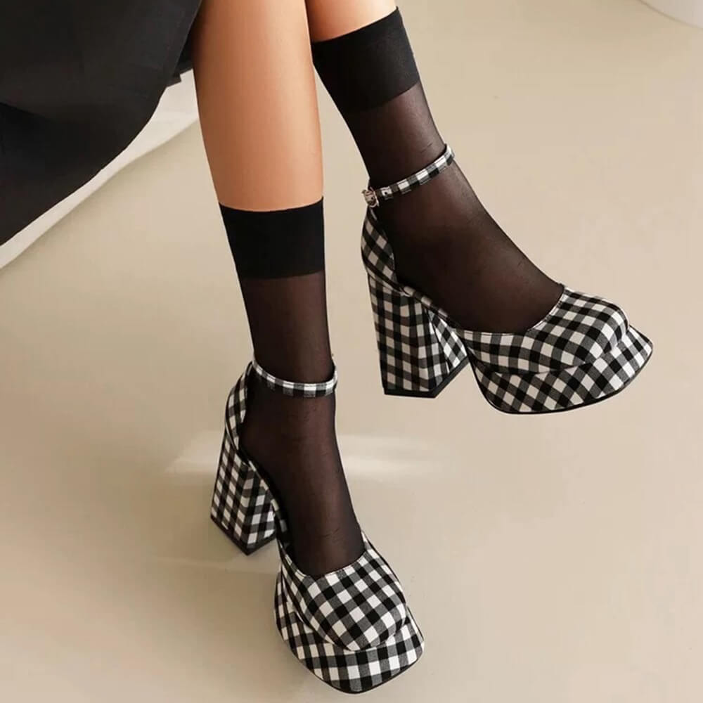 BLACK AND WHITE CHECKERED PLATFORM HEELS FOR WOMEN